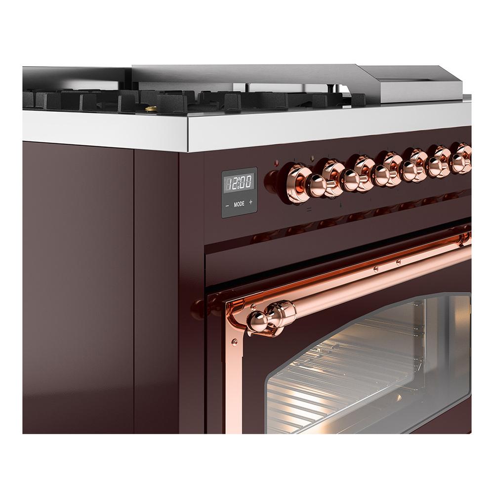 ILVE UN48FSNMPBUP Nostalgie II Noblesse 48 inch Dual Fuel Range (5 Sealed Burners + Griddle + French Top, Natural Gas, Triple Glass Door, Burgundy, Copper)