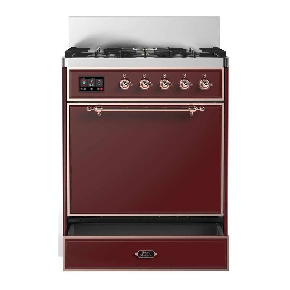 ILVE UM30QNR3BUPLP Majestic III 30 inch Dual Fuel Range with 5 Black Brass Burners, Dual Function Burner up to 25,000 BTU (Liquid Propane, Solid Door, Burgundy, Copper)