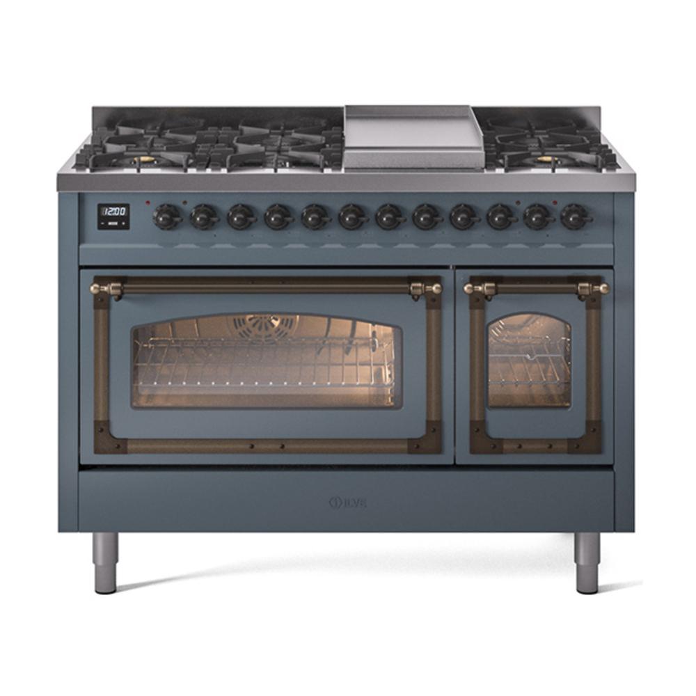 ILVE UN48FNMPBGBLP Nostalgie II Noblesse 48 inch Dual Fuel Range (8 Sealed Burners + Griddle, Liquid Propane, Triple Glass Door, Blue Grey, Burnished)