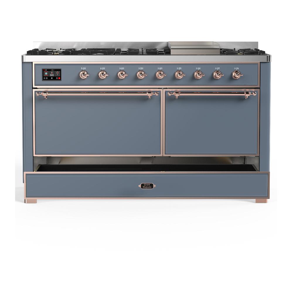 ILVE UM60FQNR3BGP Majestic III 60 inch Dual Fuel Range with 9 Burners and Griddle, Dual Function Burner up to 25,000 BTU (Natural Gas, Solid Door, Blue Grey, Copper)