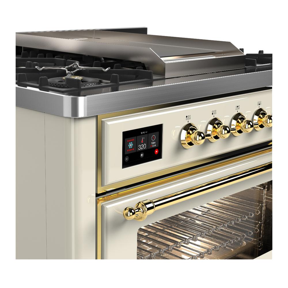 ILVE UM36FNR3AWGLP Majestic III 36 inch Dual Fuel Range with 6 Black Brass Burners and Griddle, Dual Function Burner up to 25,000 BTU (Triple Glass Door, Antique White, Brass, Liquid Propane)