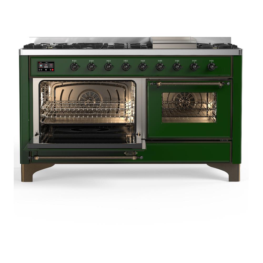 ILVE UM60FNR3EGB Majestic III 60 inch Dual Fuel Range with 9 Burners and Griddle, Dual Function Burner up to 25,000 BTU (Natural Gas, Triple Glass Door, Emerald Green, Burnished)