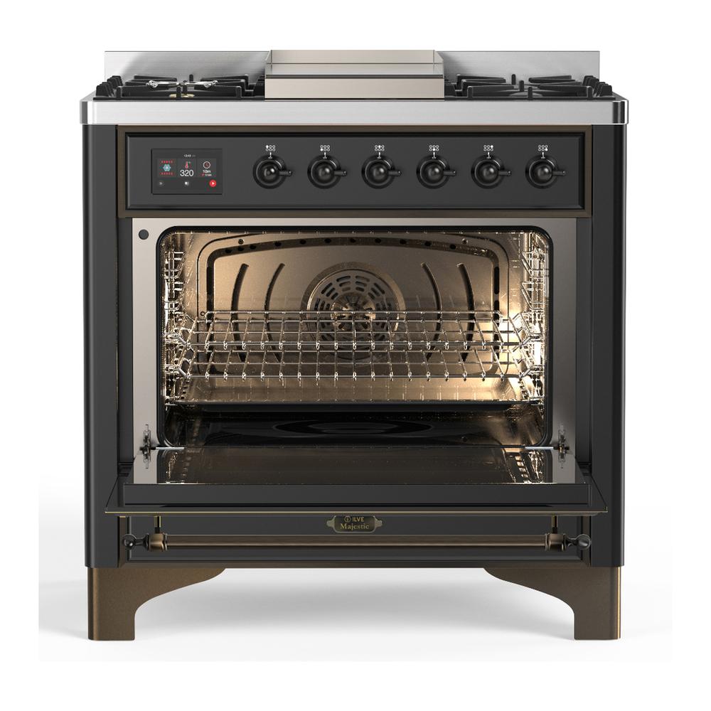 ILVE UM36FNR3MGBLP Majestic III 36 inch Dual Fuel Range with 6 Black Brass Burners and Griddle, Dual Function Burner up to 25,000 BTU (Triple Glass Door, Graphite Matte, Burnished, Liquid Propane)