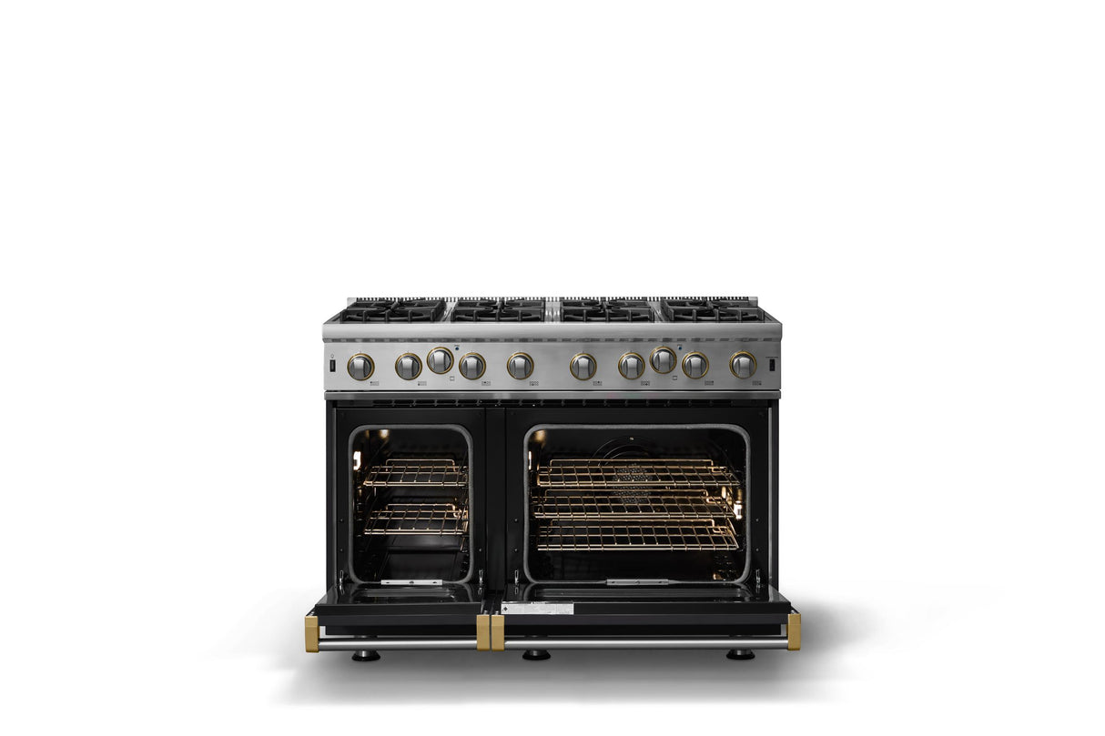 48"W. Open Burner Gas Range (Finish: Onyx, Trim: Brushed Brass, Fuel: Propane)