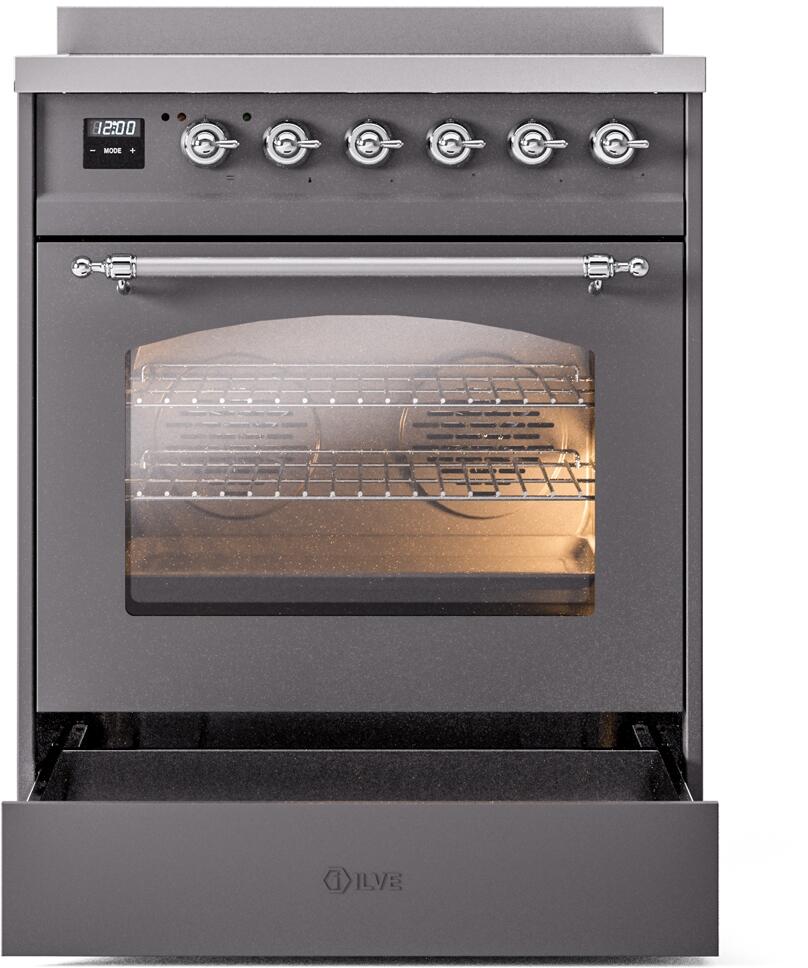 Nostalgie II 30 Inch Electric Freestanding Range in Matte Graphite with Chrome Trim