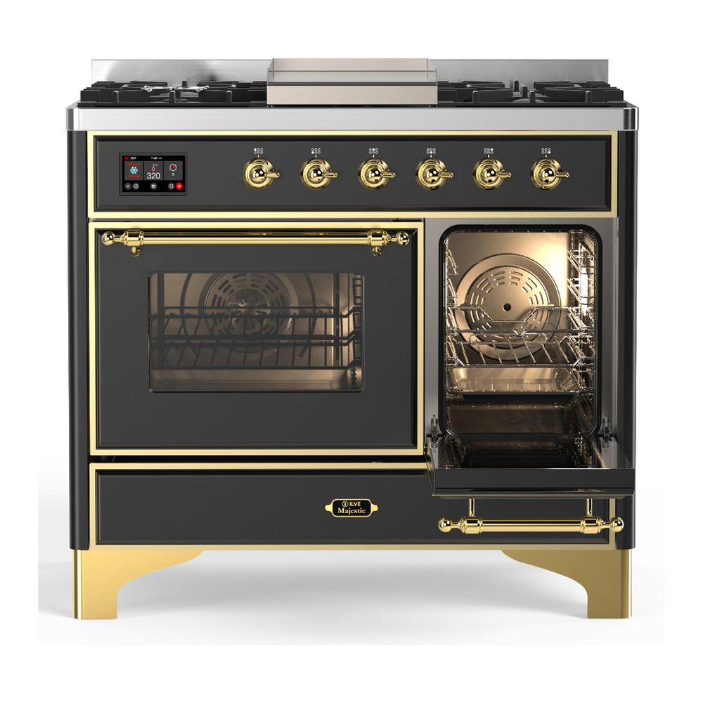 ILVE UMD40FNR3MGGLP Majestic III 40 inch Dual Fuel Range with 6 Burners and Griddle, Dual Function Burner up to 25,000 BTU (Liquid Propane, Triple Glass Door, Graphite Matte, Brass)