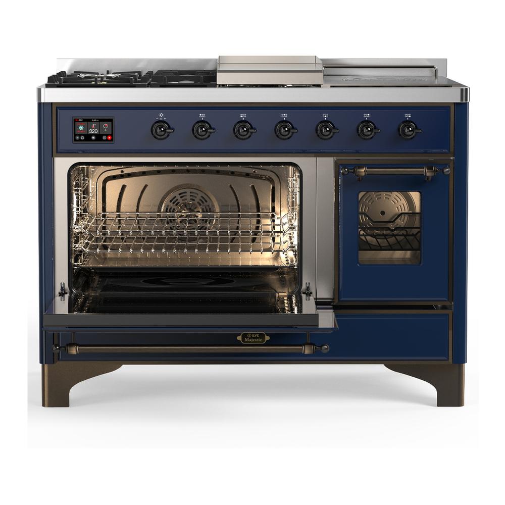 ILVE UM48FSNR3MBB Majestic III 48 inch Dual Fuel Range with 5 Black Brass Burners, Griddle and French Top, Dual Function Burner up to 25,000 BTU (Natural Gas, Triple Glass Door, Midnight Blue, Burnished)