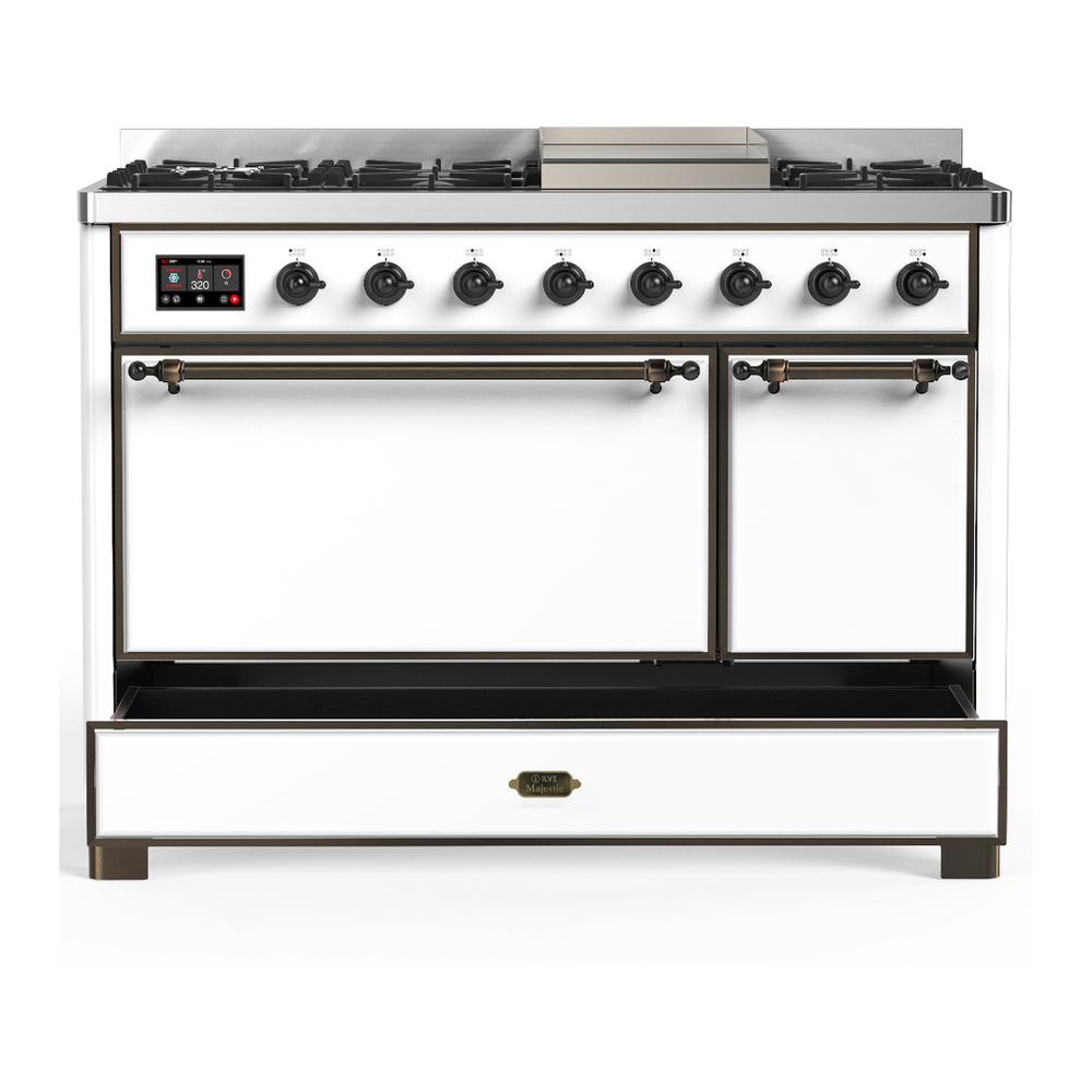 ILVE UM48FQNR3WHBLP Majestic III 48 inch Dual Fuel Range with 8 Burners and Griddle, Dual Function Burner up to 25,000 BTU (Liquid Propane, Solid Door, White, Burnished)