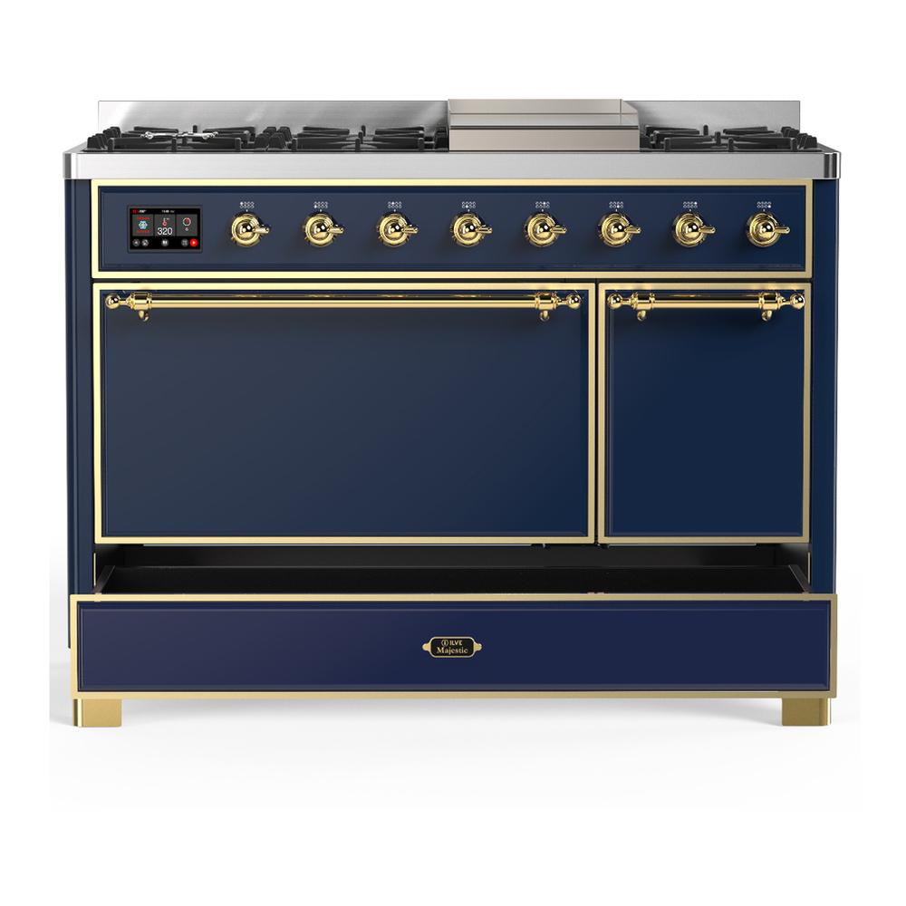 ILVE UM48FQNR3MBG Majestic III 48 inch Dual Fuel Range with 8 Burners and Griddle, Dual Function Burner up to 25,000 BTU (Natural Gas, Solid Door, Midnight Blue, Brass)