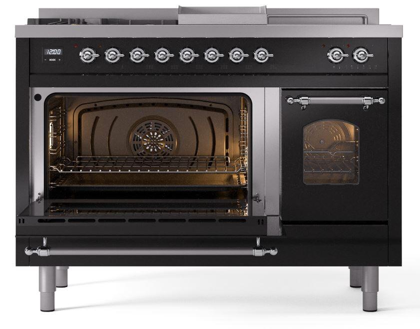 Nostalgie II 48 Inch Dual Fuel Liquid Propane Freestanding Range in Glossy Black with Chrome Trim