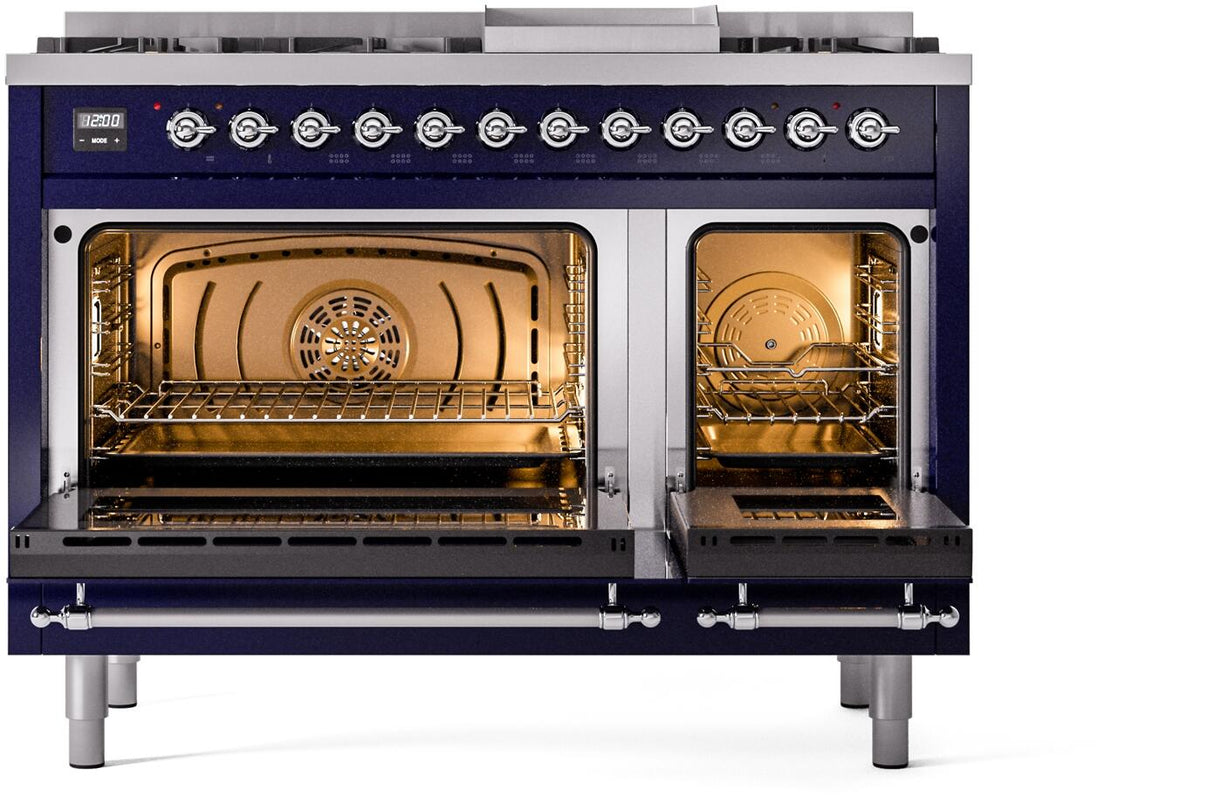 Nostalgie II 48 Inch Dual Fuel Natural Gas Freestanding Range in Blue with Chrome Trim
