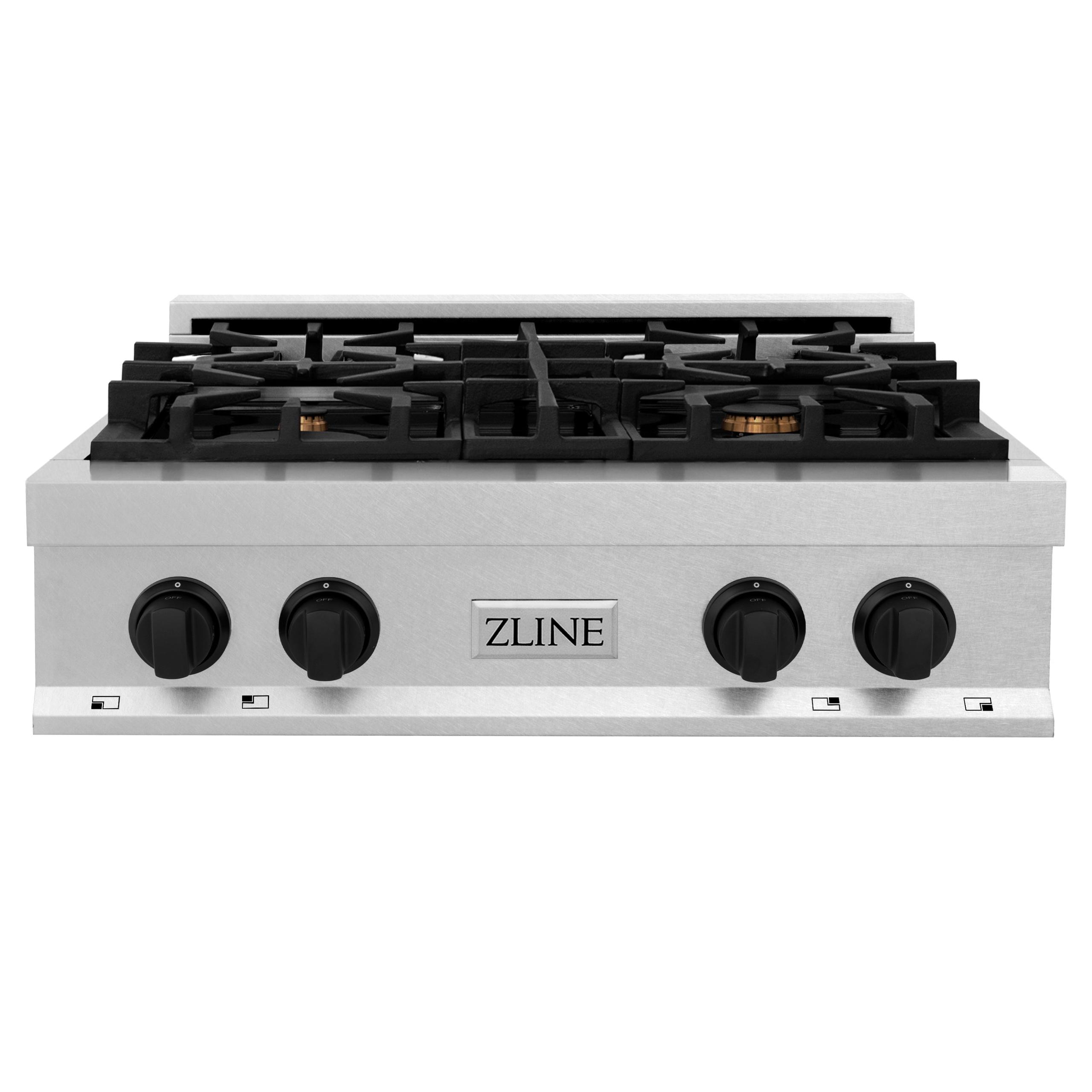 ZLINE Autograph Edition 30" Porcelain Rangetop with 4 Gas Burners in Fingerprint Resistant Stainless Steel and Matte Black Accents (RTSZ-30-MB)