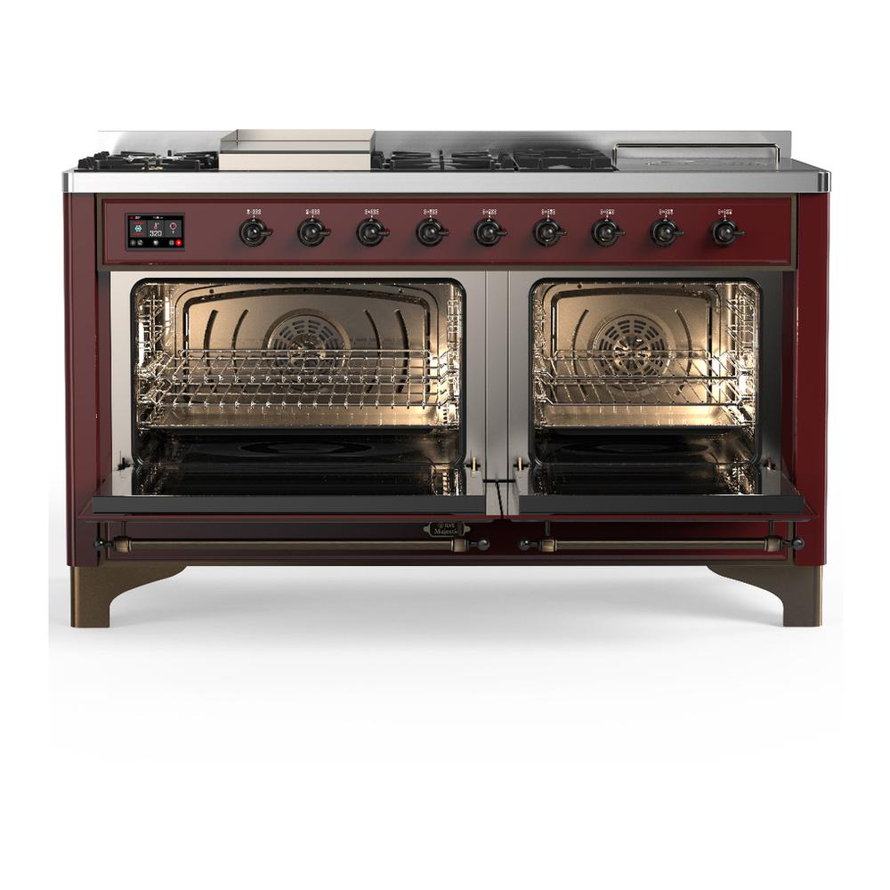 ILVE UM60FSQNR3BUB Majestic III 60 inch Dual Fuel Range with 7 Burners, Griddle and French Top, Dual Function Burner with up to 25,000 BTU (Natural Gas, Solid Door, Burgundy, Burnished)