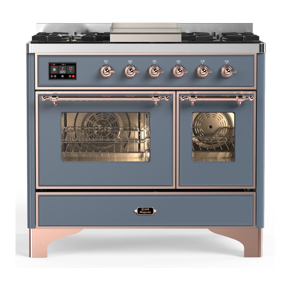 ILVE UMD40FNR3BGP Majestic III 40 inch Dual Fuel Range with 6 Burners and Griddle, Dual Function Burner up to 25,000 BTU (Natural Gas, Triple Glass Door, Blue Grey, Copper)
