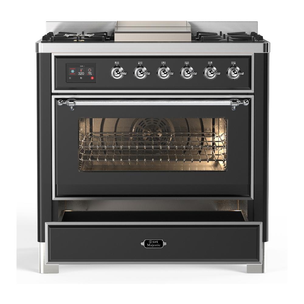ILVE UM36FNR3MGC Majestic III 36 inch Dual Fuel Range with 6 Black Brass Burners and Griddle, Dual Function Burner up to 25,000 BTU (Triple Glass Door, Graphite Matte, Chrome, Natural Gas)
