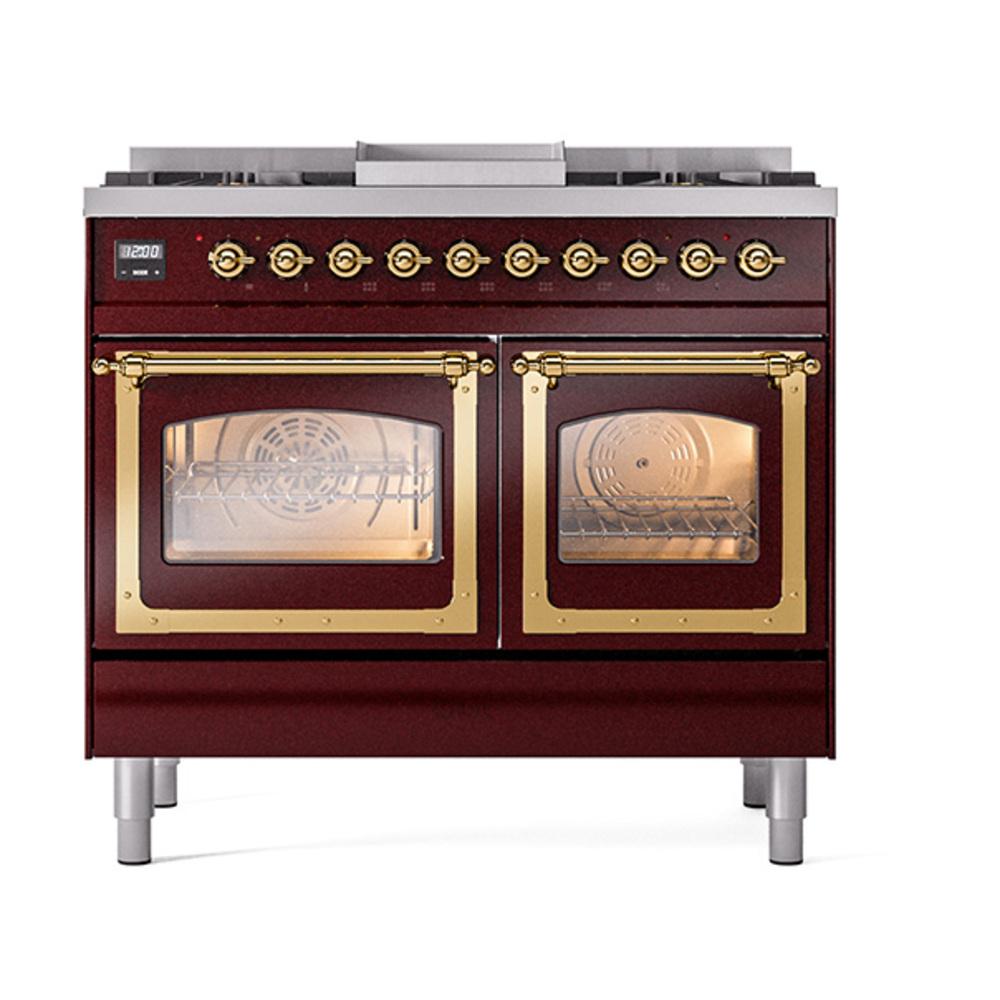 ILVE UND40FNMPBUGLP Nostalgie II Noblesse 40 inch Dual Fuel Range (Liquid Propane, Triple Glass Door, Burgundy, Brass)