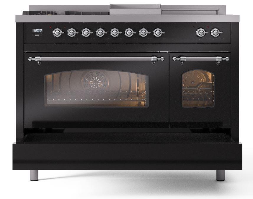 Nostalgie II 48 Inch Dual Fuel Liquid Propane Freestanding Range in Glossy Black with Chrome Trim
