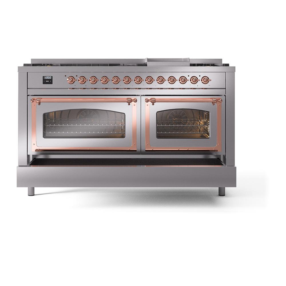 ILVE UN60FNMPSSP Nostalgie II Noblesse 60 inch Dual Fuel Range (9 Sealed Burners + Griddle, Natural Gas, Triple Glass Door, Stainless Steel, Copper)
