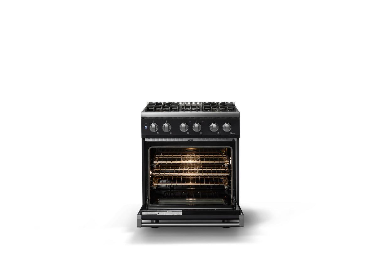 30"W. Dual Fuel Range (Finish: Onyx, Trim: Polished Chrome, Fuel: Natural Gas)