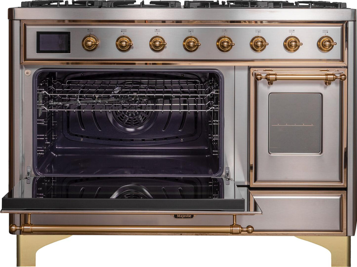 Majestic II 48 Inch Dual Fuel Liquid Propane Freestanding Range in Stainless Steel with Brass Trim