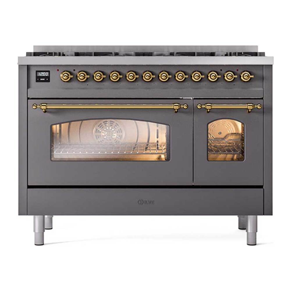 ILVE UP488NMPMGG Nostalgie II 48 inch Dual Fuel Range with 8 Total Black Brass Sealed Burners, Brass Trim (Limited Edition) (Natural Gas, Graphite Matte)
