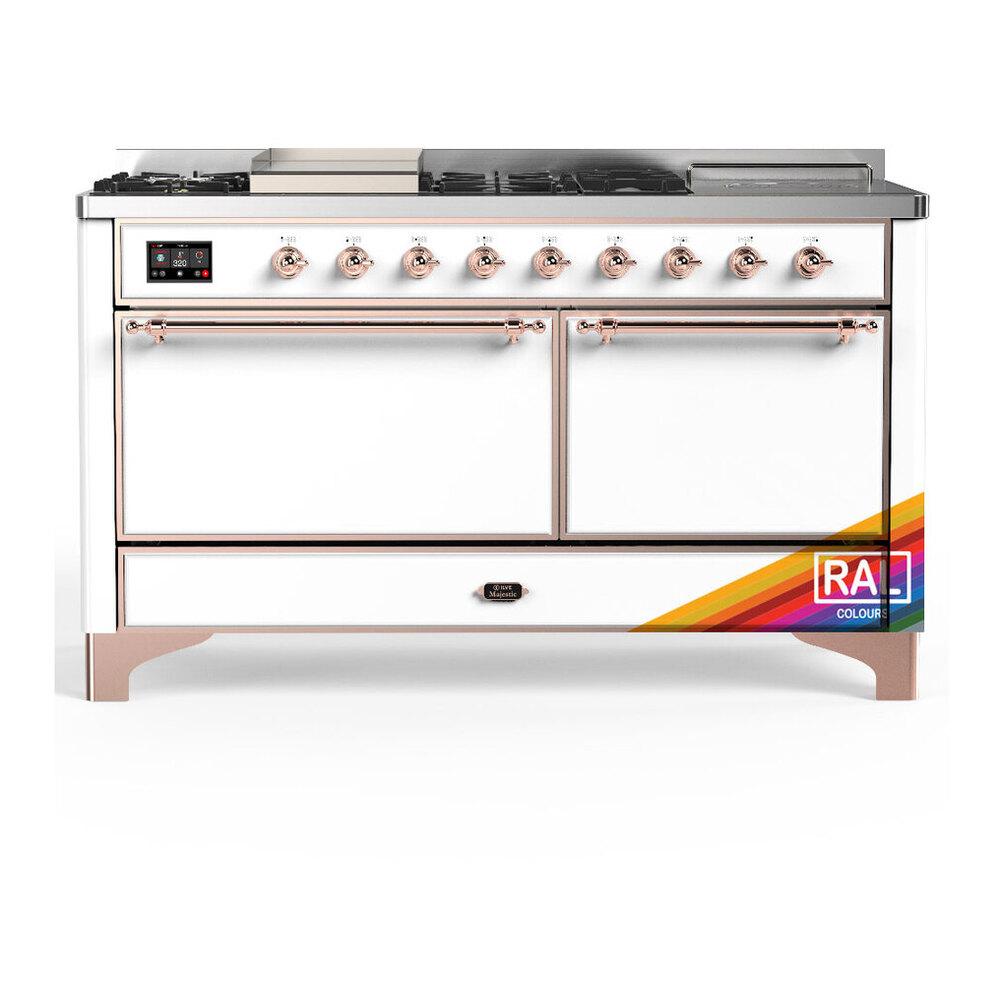 ILVE UM60FSQNR3RAPLP Majestic III 60 inch Dual Fuel Range with 7 Burners, Griddle and French Top, Dual Function Burner with up to 25,000 BTU (Liquid Propane, Solid Door, RAL, Copper)