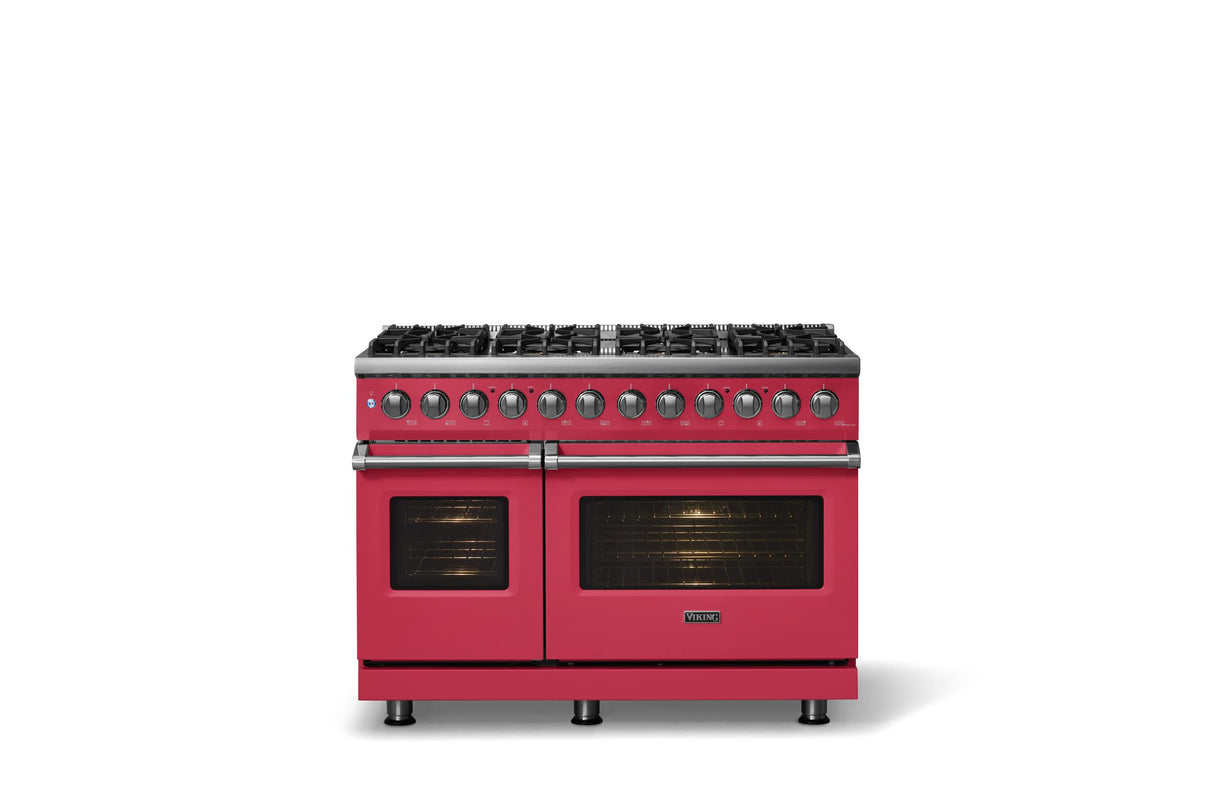 48"W. Dual Fuel Range (Burner: 8b, Finish: Valentine, Trim: Polished Chrome, Fuel: Natural Gas)