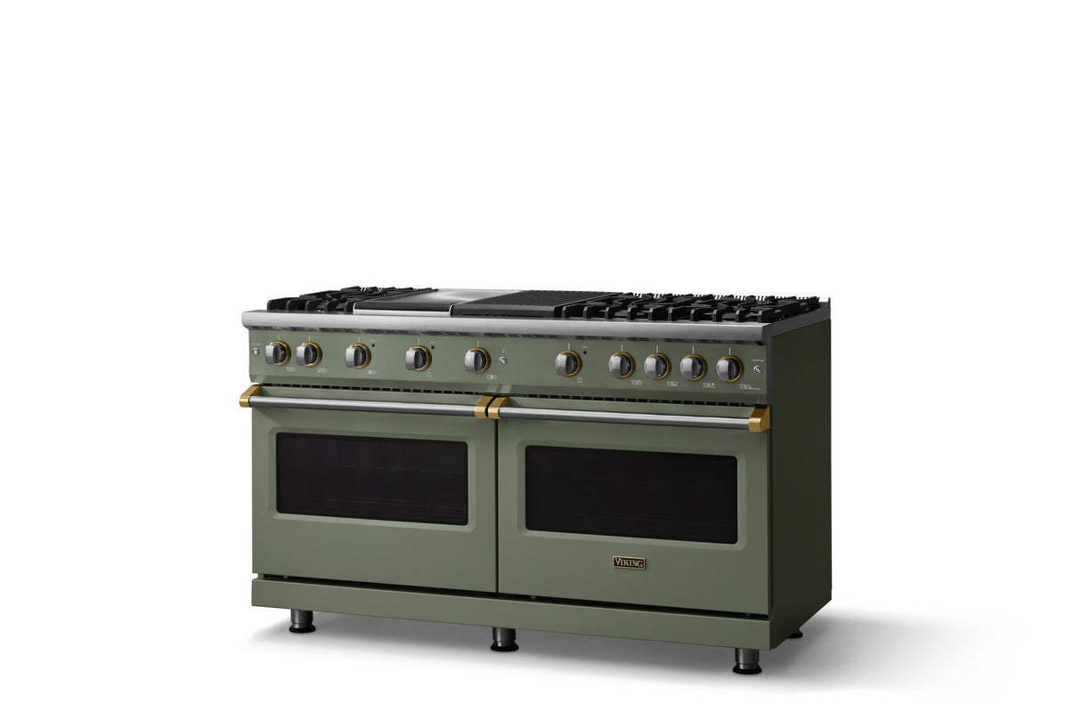 60"W. Sealed Burner Gas Range (Finish: Eucalyptus, Trim: Brushed Brass, Fuel: Natural Gas)
