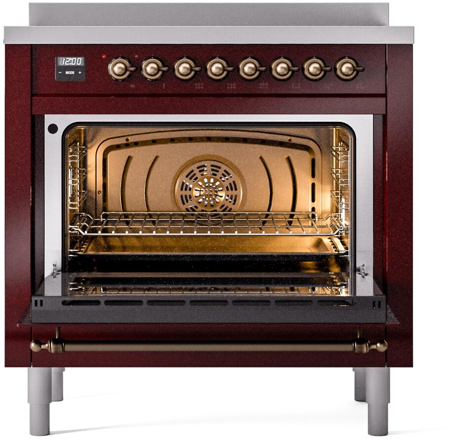 Nostalgie II 36 Inch Electric Freestanding Range in Burgundy with Bronze Trim
