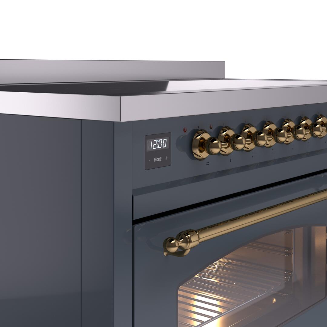 Nostalgie II 48 Inch Electric Freestanding Range in Blue Grey with Brass Trim