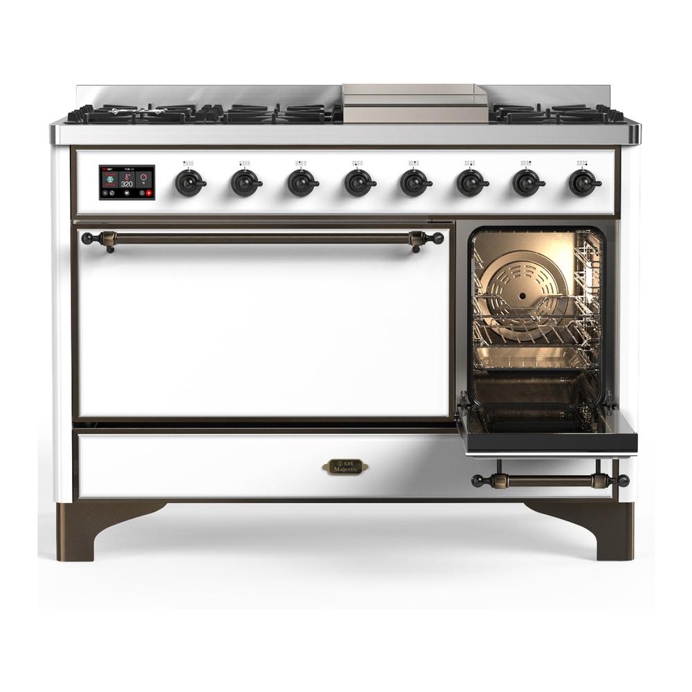 ILVE UM48FQNR3WHBLP Majestic III 48 inch Dual Fuel Range with 8 Burners and Griddle, Dual Function Burner up to 25,000 BTU (Liquid Propane, Solid Door, White, Burnished)