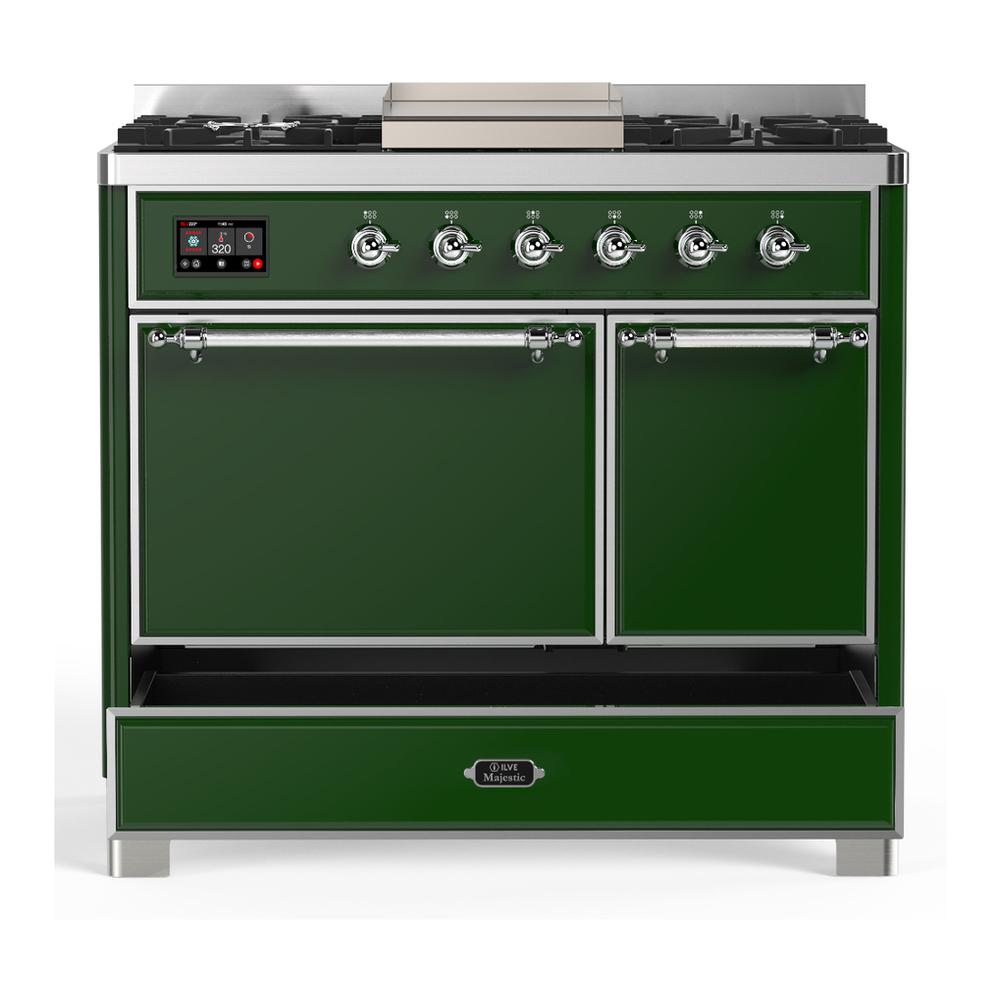 ILVE UMD40FQNR3EGC Majestic III 40 inch Dual Fuel Range with 6 Burners and Griddle, Dual Function Burner up to 25,000 BTU (Natural Gas, Solid Door, Emerald Green, Chrome)