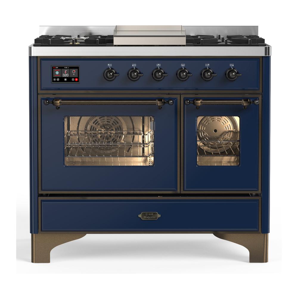 ILVE UMD40FNR3MBB Majestic III 40 inch Dual Fuel Range with 6 Burners and Griddle, Dual Function Burner up to 25,000 BTU (Natural Gas, Triple Glass Door, Midnight Blue, Burnished)