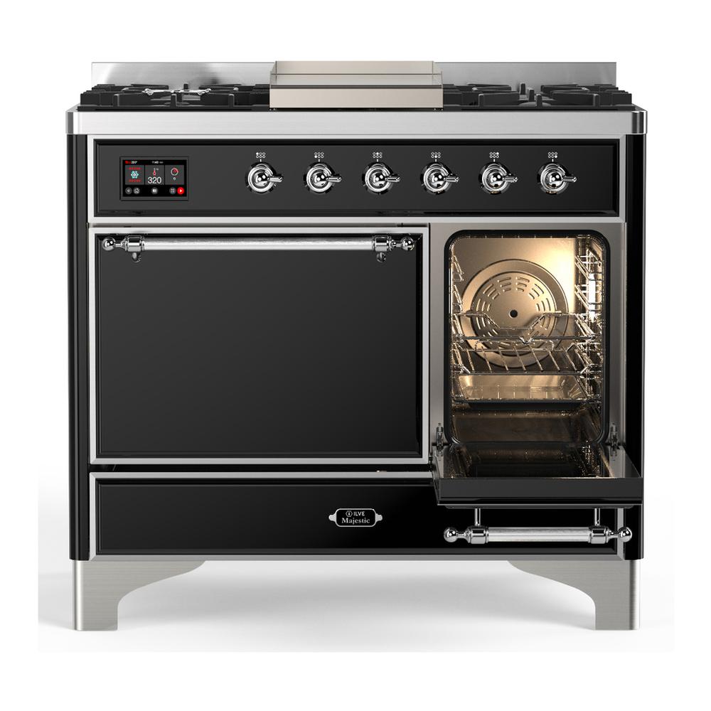 ILVE UMD40FQNR3BKC Majestic III 40 inch Dual Fuel Range with 6 Burners and Griddle, Dual Function Burner up to 25,000 BTU (Natural Gas, Solid Door, Glossy Black, Chrome)