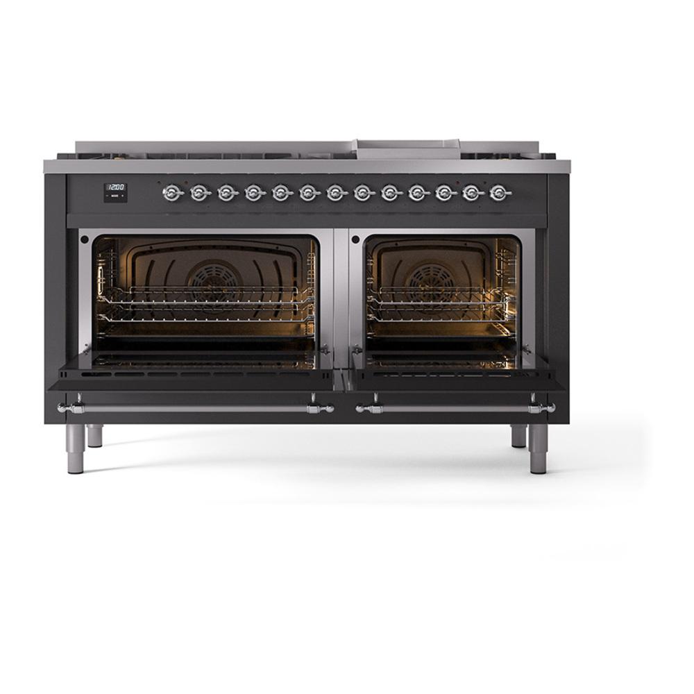 ILVE UN60FQNMPMGCLP Nostalgie II Noblesse 60 inch Dual Fuel Range (9 Sealed Burners + Griddle, Liquid Propane, Solid Door, Graphite Matte, Chrome)