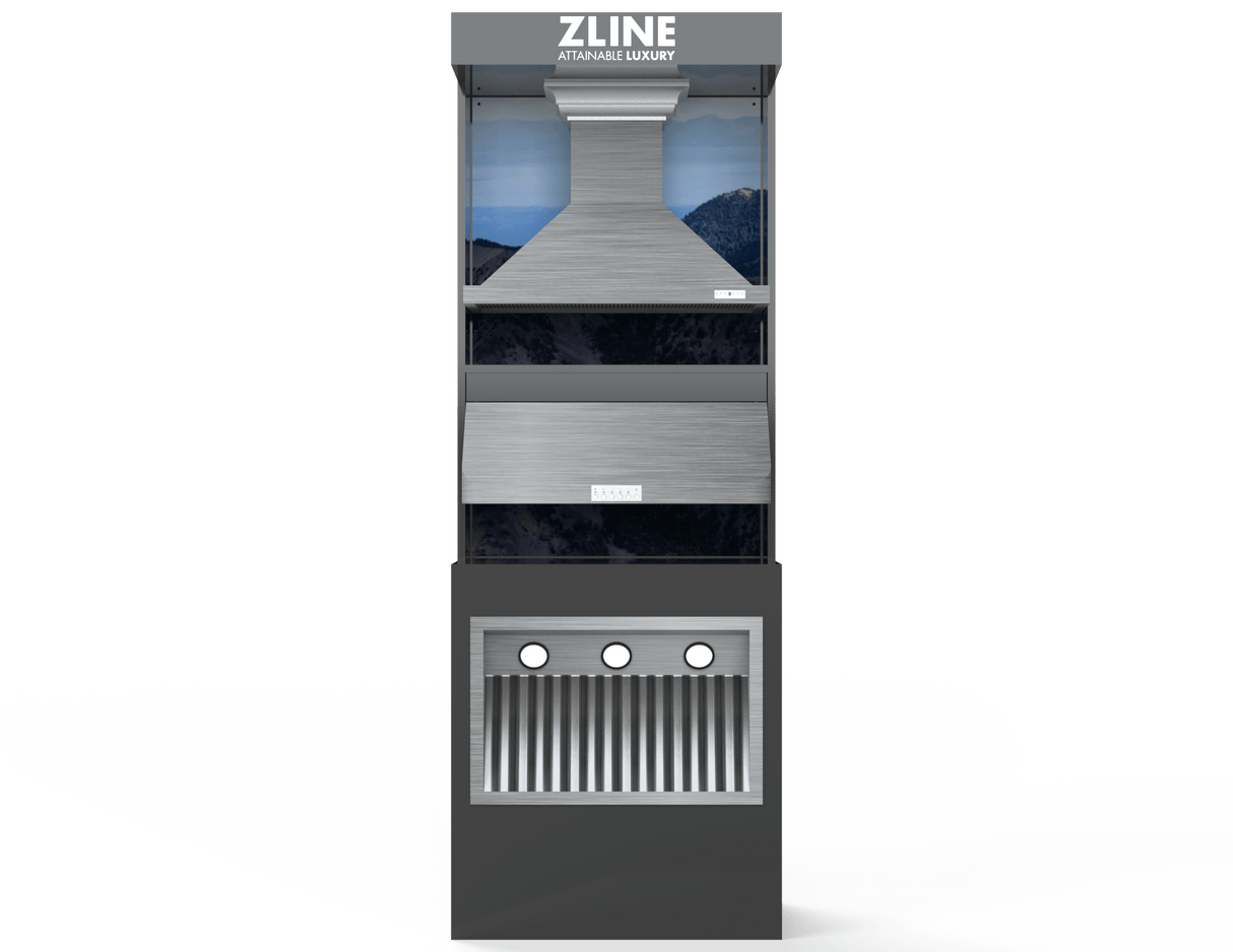 ZLINE Hood Stack with a stainless steel wall mount range hood, range hood insert, and stainless steel under-cabinet (VND-HD-STK)