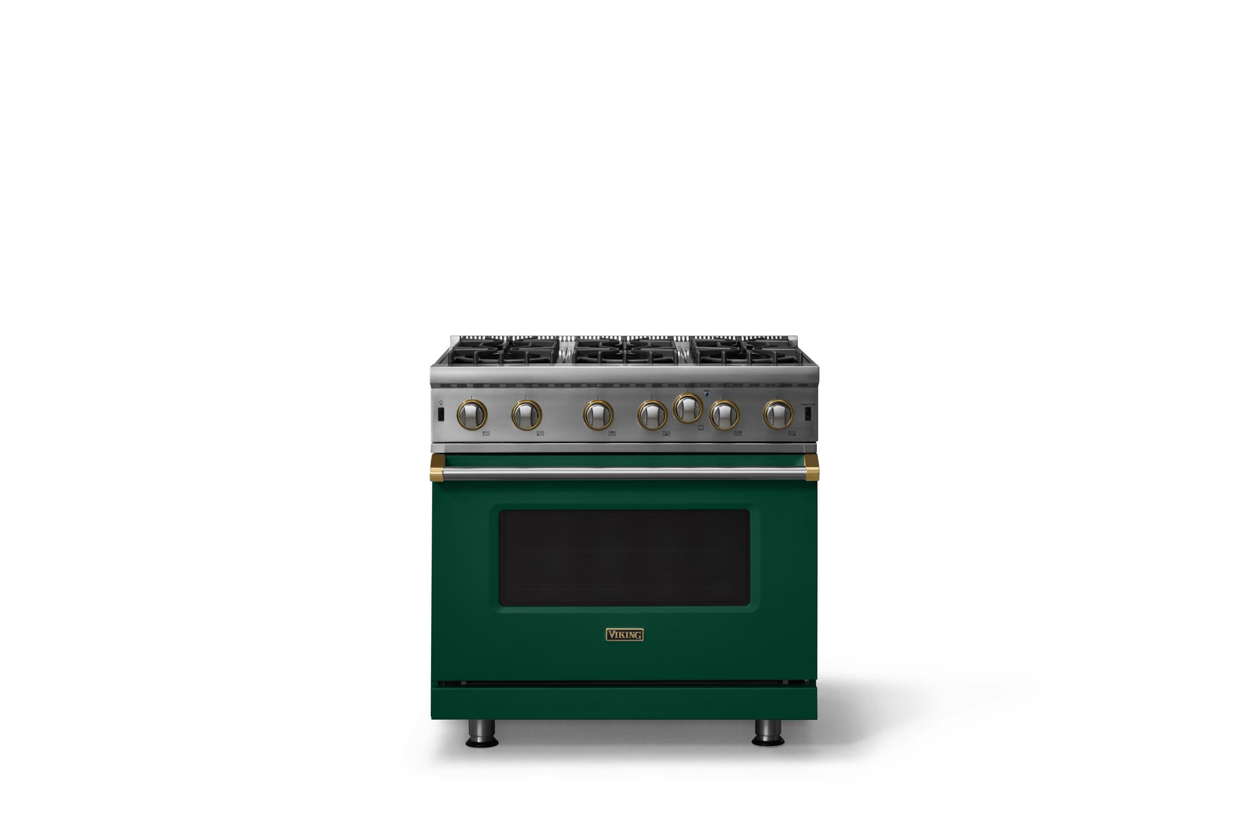 36"W. Open Burner Gas Range (Finish: Ivy, Trim: Brushed Brass, Fuel: Propane)