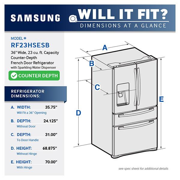 36" Wide, 23 cu. ft. Counter-Depth French Door Refrigerator with Sparkling Water Dispenser (Stainless Steel)