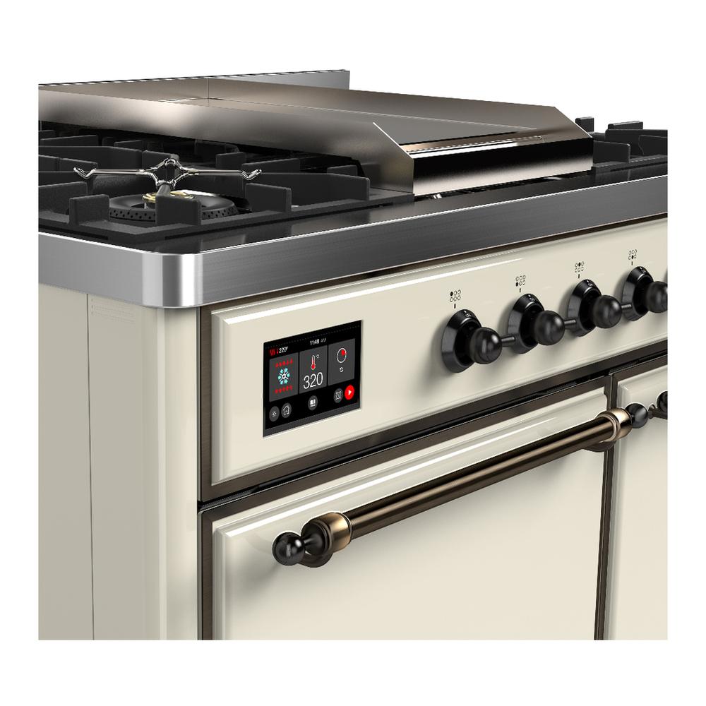ILVE UMD40FQNR3AWB Majestic III 40 inch Dual Fuel Range with 6 Burners and Griddle, Dual Function Burner up to 25,000 BTU (Natural Gas, Solid Door, Antique White, Burnished)