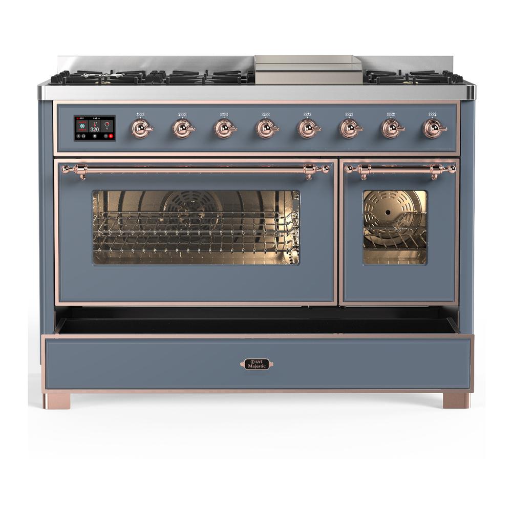 ILVE UM48FNR3BGPLP Majestic III 48 inch Dual Fuel Range with 8 Burners and Griddle, Dual Function Burner up to 25,000 BTU (Liquid Propane, Triple Glass Door, Blue Grey, Copper)