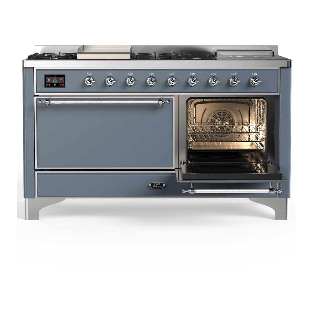ILVE UM60FSQNR3BGC Majestic III 60 inch Dual Fuel Range with 7 Burners, Griddle and French Top, Dual Function Burner with up to 25,000 BTU (Natural Gas, Solid Door, Blue Grey, Chrome)