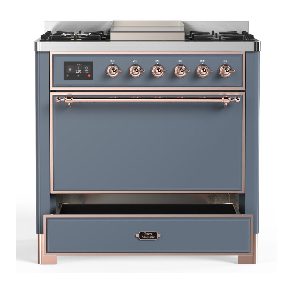 ILVE UM36FQNR3BGP Majestic III 36 inch Dual Fuel Range with 6 Black Brass Burners and Griddle, Dual Function Burner up to 25,000 BTU (Solid Door, Blue Grey, Copper, Natural Gas)