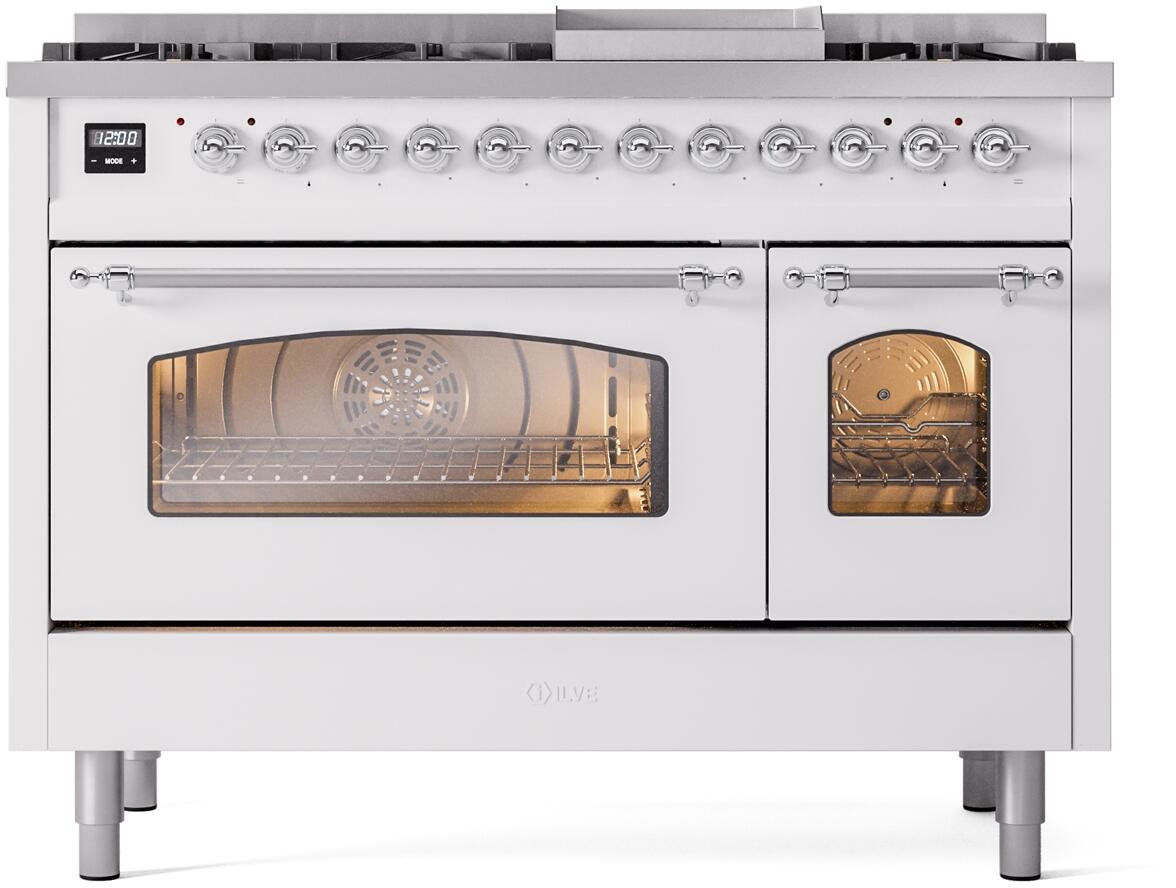 Nostalgie II 48 Inch Dual Fuel Liquid Propane Freestanding Range in White with Chrome Trim