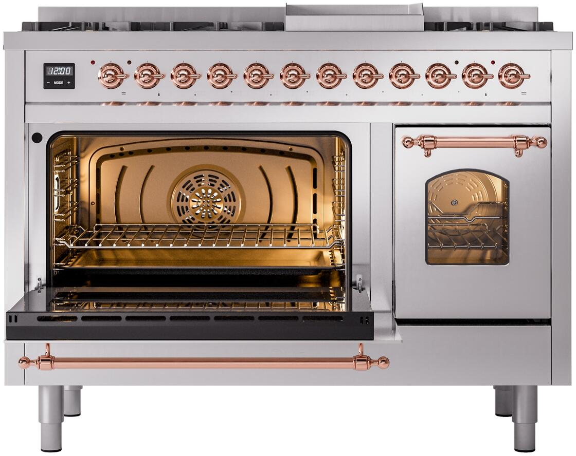 Nostalgie II 48 Inch Dual Fuel Natural Gas Freestanding Range in Stainless Steel with Copper Trim