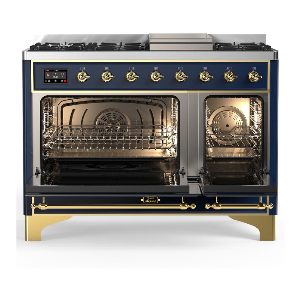 ILVE UM48FQNR3MBGLP Majestic III 48 inch Dual Fuel Range with 8 Burners and Griddle, Dual Function Burner up to 25,000 BTU (Liquid Propane, Solid Door, Midnight Blue, Brass)