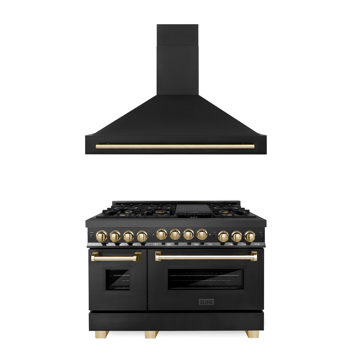 ZLINE 48" Autograph Edition Kitchen Package with Black Stainless Steel Gas Range and Range Hood with Gold Accents (2AKPR-RGBRH48-G)