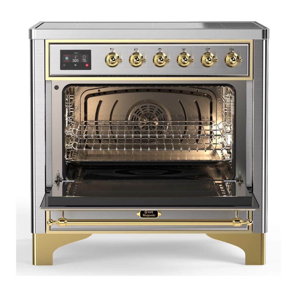 ILVE UMIB36QNR3SSG Majestic III 36 inch Induction Range with 6 Elements, 3.5 cu. ft. Total Oven Capacity (Solid Door, Stainless Steel, Brass)