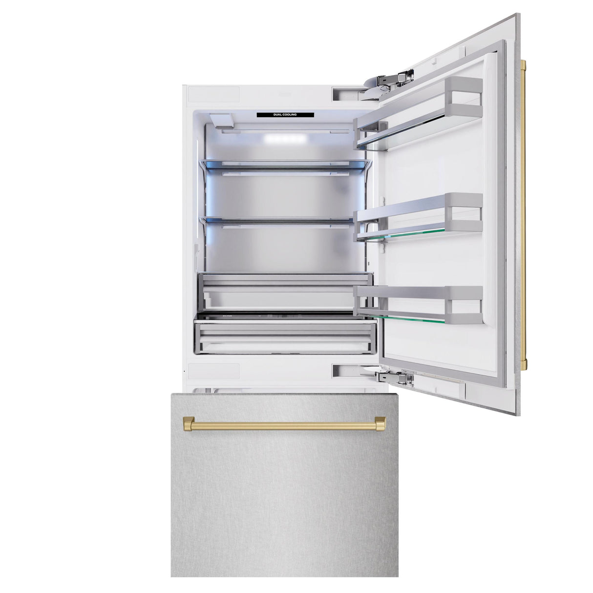 ZLINE Autograph Edition 36 in. 19.8 cu. ft. Built-In Bottom Freezer Refrigerator with Water Dispenser and Ice Maker in DuraSnow' Stainless Steel and Champagne Bronze Accents (RBITZ-SN-36-CB)