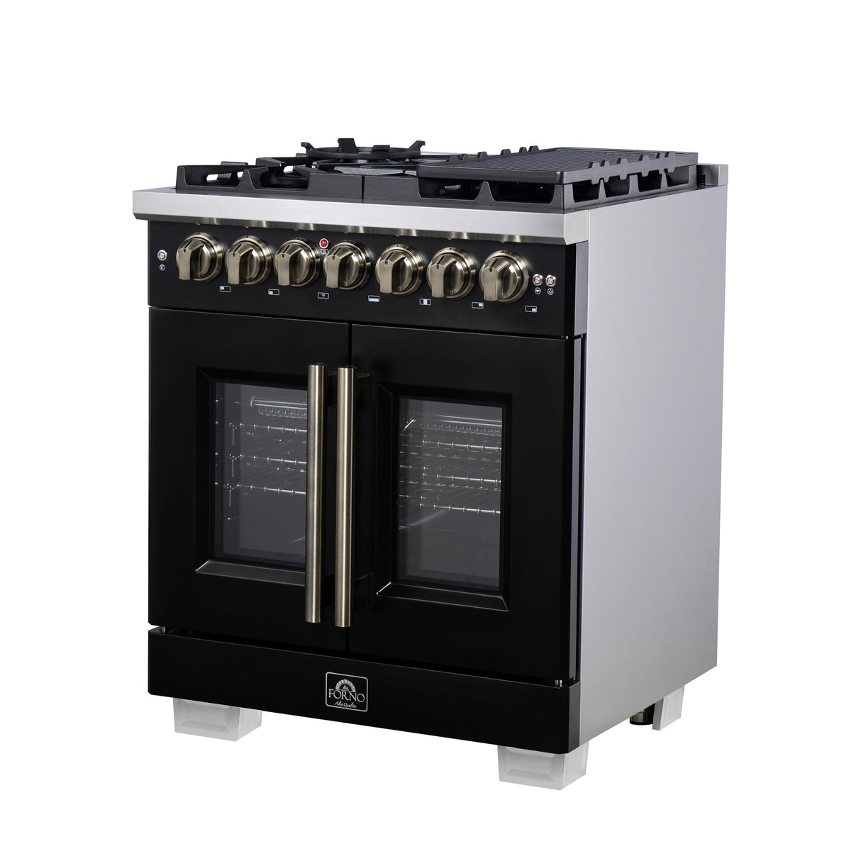 Forno Capriasca 30 Inch Freestanding French Door Dual Fuel Range in Black with Antique Brass Accessories, 5 Burners, True Convection Oven