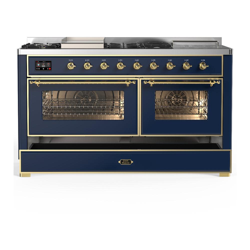ILVE UM60FSNR3MBGLP Majestic III 60 inch Dual Fuel Range with 7 Burners, Griddle and French Top, Dual Function Burner with up to 25,000 BTU (Liquid Propane, Triple Glass Door, Midnight Blue, Brass)